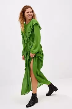 Платье миди со сборками длинными рукавами и завязкой на талии Next