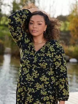 Платье миди со сборками и цветочным принтом Curve Live Unlimited, желтый/черный