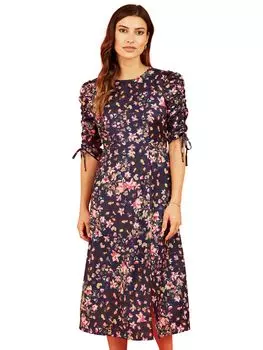 Платье миди со сборками и цветочным принтом Yumi, Темно-синий