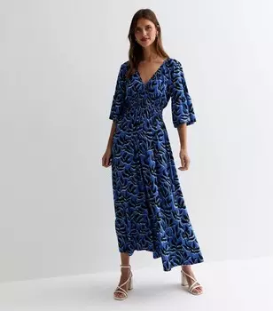 Платье миди со сборками и принтом ванильно-синих листьев Blue Vanilla, синий