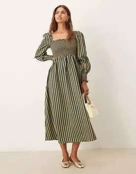 Платье миди со сборками и рукавами-фонариками в полоску тёмно-синего цвета Glamorous