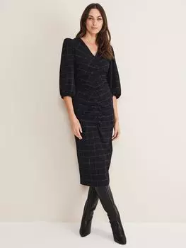 Платье миди со сборками и сборкой в клетку Phase Eight Addison, черный