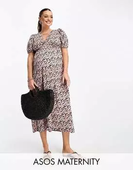 Платье миди со сборкой на талии и объемными рукавами с цветочным принтом ASOS DESIGN Maternity