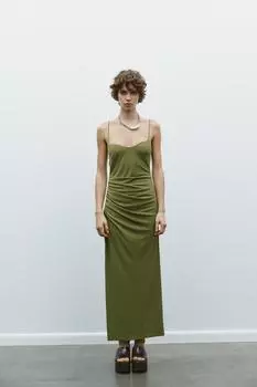 Платье миди со сборкой ZARA, цвет Moss green