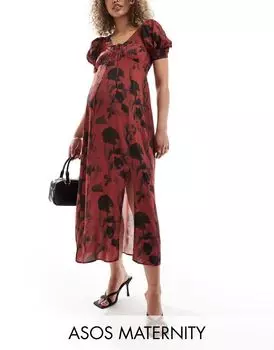Платье миди со шнуровкой и пышными рукавами ASOS DESIGN Maternity