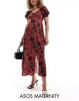 Платье миди со шнуровкой и пышными рукавами ASOS Maternity