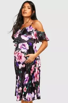 Платье миди со складками и цветочным принтом для беременных Boohoo, черный
