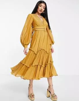 Платье миди со складками и двойным поясом ASOS DESIGN