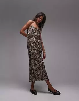 Платье миди со складками и леопардовым принтом Topshop на тонких бретелях