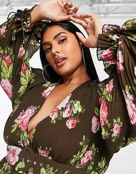 Платье миди со складками и поясом с цветочным принтом ASOS DESIGN Curve