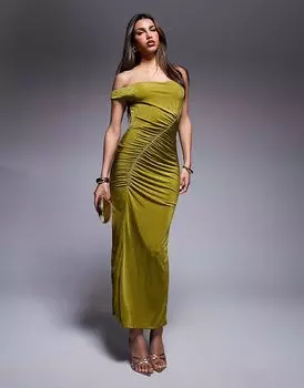 Платье миди со спущенными плечами и сборками ASOS DESIGN зеленого цвета