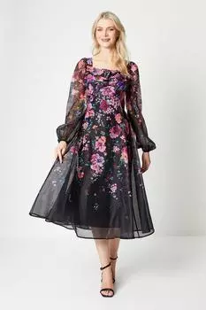 Платье миди со вставками из органзы и принтом Coast, черный