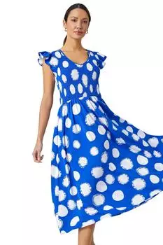 Платье миди стрейч с присборкой в горошек Roman, синий