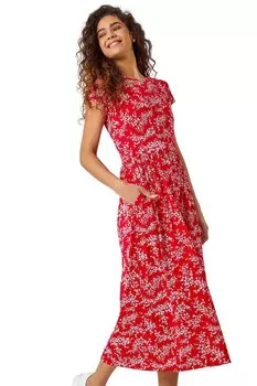 Платье миди стрейч с юбкой со сборками в стиле Ditsy Roman, красный