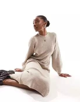 Платье миди светло-коричневого цвета с вязаным джемпером и рукавами Vero Moda Aware