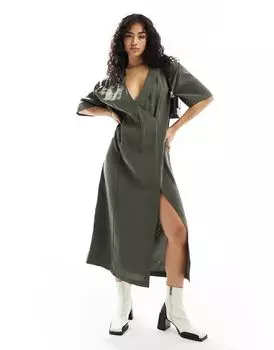 Платье миди свободного кроя с запахом и воротником-стойкой ASOS DESIGN темного цвета хаки