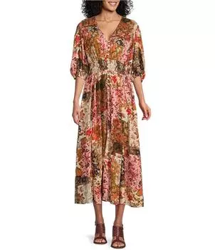 Платье миди Talisman Halo с цветочным лоскутным принтом и v-образным вырезом и короткими рукавами-буфами, цветочный