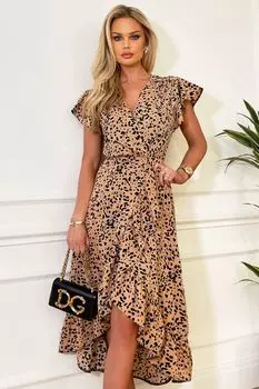 Платье миди телесного цвета с короткими рукавами и рюшами внизу AX Paris