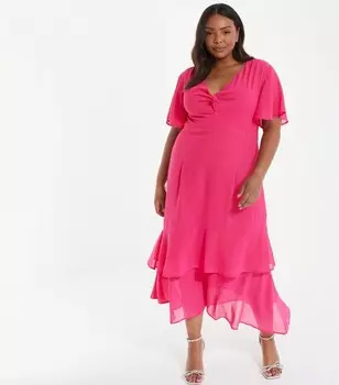 Платье миди темно-розового цвета с оборками и подолом QUIZ Curves QUIZ, темно-розовый