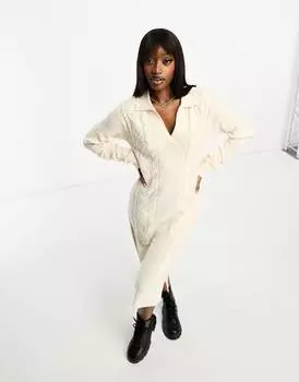 Платье миди Threadbare Sadie V Neck Cable Knitted Jumper, светло-бежевый