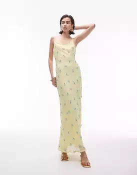 Платье миди Topshop Cami With Blue Floral Embroidery, светло-желтый