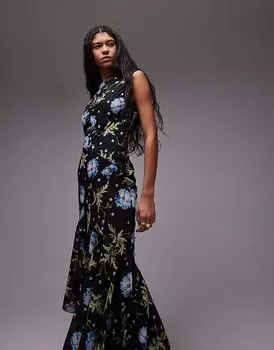 Платье миди Topshop с бахромой и цветочным принтом, черное