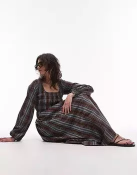 Платье миди Topshop с длинными рукавами и сборками в синюю винтажную клетку