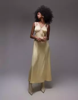 Платье миди Topshop с кружевными вставками и плиссированной грудью лимонного и персикового цвета