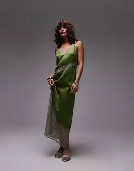 Платье миди Topshop с кружевными вставками и ришелье зеленого цвета