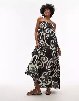 Платье миди Topshop с присборенной грудью и эффектом льна в черном монохромном принте