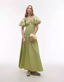 Платье миди Topshop с рукавами-фонариками, квадратным вырезом и сборками зеленого цвета