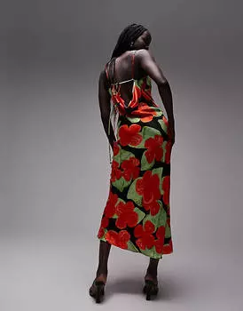 Платье миди Topshop с воротником-хомутом и ярким цветочным принтом