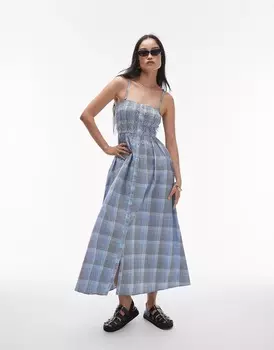 Платье миди Topshop Seersucker Check Shirred, синий