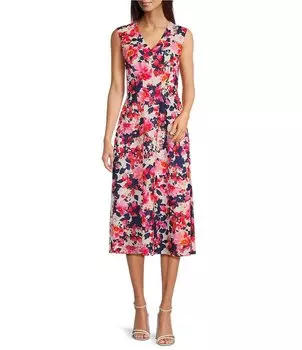 Платье миди-трапеции Kensie с плиссированным лифом и присборенной талией и V-образным вырезом без рукавов с боковым карманом и цветочным принтом, цветочный