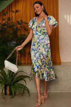 Платье миди V-образным вырезом и цветочным узором Chi Chi London, синий