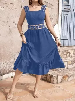 Платье миди VCAY, кружево, ткань с пришивным узором. Асимметричный подол с рюшами/рюшами Shein, пастельно-синий