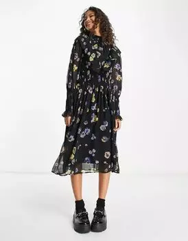 Платье миди Vero Moda со сборками и цветочным принтом