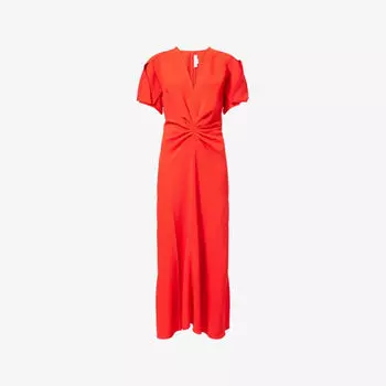 Платье миди Victoria Beckham с V-образным вырезом и сборками из эластичного трикотажа, томатный