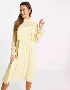 Платье миди Vila с оборками желтого цвета - ЖЕЛТЫЙ