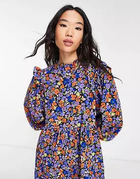 Платье миди Vila с высоким воротником и оборками с цветочным принтом