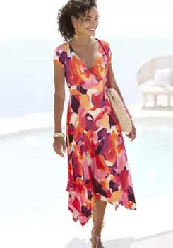 Платье миди Vivance с принтом по всей поверхности, воздушное летнее платье с запахом, пляжное платье, розовый