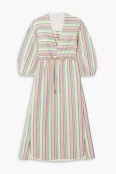 Платье миди Vivella в полоску из хлопка и льна со сборками ROSIE ASSOULIN, слоновая кость