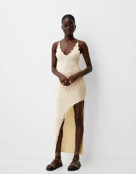 Платье миди в деревенском стиле с бретельками Bershka, бежевый