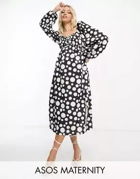 Платье миди в горошек с присборенным бюстом и рукавами-блузонами ASOS DESIGN Maternity
