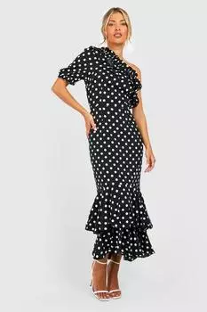 Платье миди в гороток с рюшами Boohoo, черный