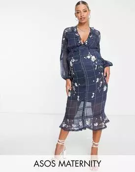 Платье миди в клетку с цветочным принтом и кружевными вставками ASOS DESIGN Maternity