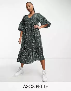Платье миди в крапинку бутылочно-зеленого цвета ASOS DESIGN Petite Chuck on