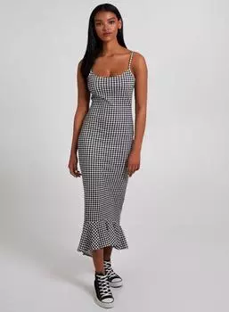 Платье миди в мелкую клетку с оборкой и подолом Pink Vanilla, черный