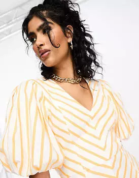 Платье миди в оранжевую полоску с пышными рукавами River Island