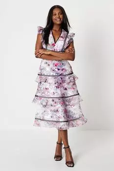 Платье миди в полоску из органзы с рюшами и кружевной отделкой Coast, розовый